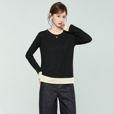 实拍实价撞色拼接圆领针织衫毛衣女秋冬季新款长袖打底衫内搭上衣