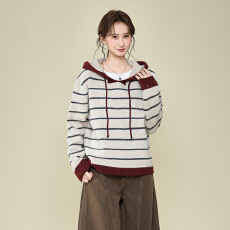实拍实价复古连帽条纹针织套头毛衣女2025年秋冬季宽松慵懒风上衣