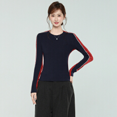 批发实拍实价秋冬季新款双面拼接撞色设计感长袖打底衫女百搭休闲上衣