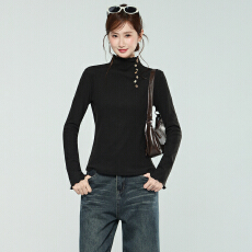 实拍实价黑色半高领打底衫女秋冬2025秋新款法式德绒内搭t恤上衣