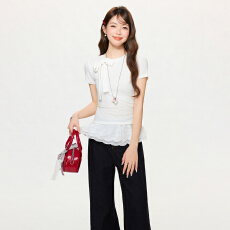 批发实拍实价白色蝴蝶结系带长袖<b class='q'>t</b><b class='q'>恤</b>女春收腰内搭打底衫<b class='q'>蕾丝</b>花边上衣