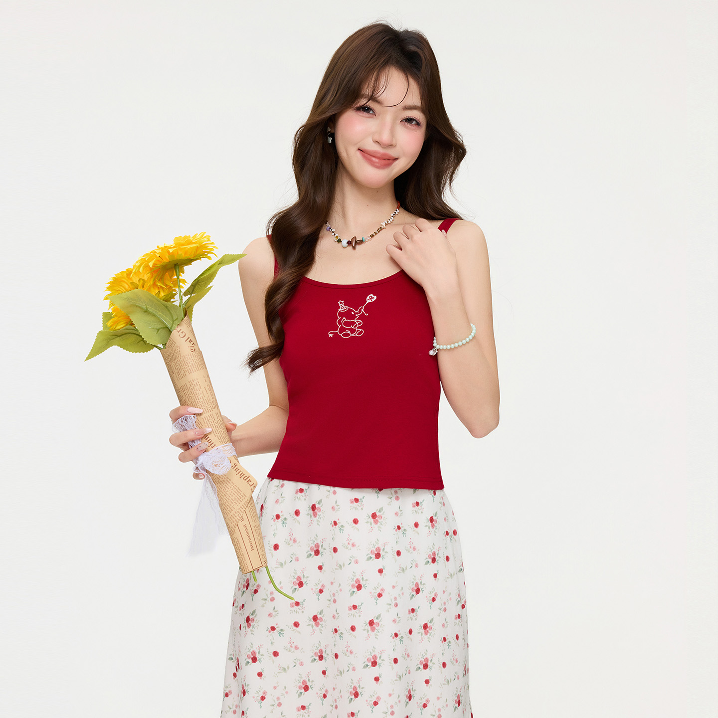 실사 정가 아메리칸 레트로 핫걸 아기 코끼리 프린트 캐미솔 봄 몸매 가꾸기 인사이드 가져 가라. 외출용 맨위