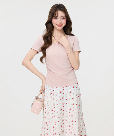 실사 정가 한 부서 단색 u 칼라 펌프 Pleat 허리 수축 반팔 긍정적 인 어깨 티셔츠 여성 봄 새로운 몸매 가꾸기 슬림해 보이는 맨위
