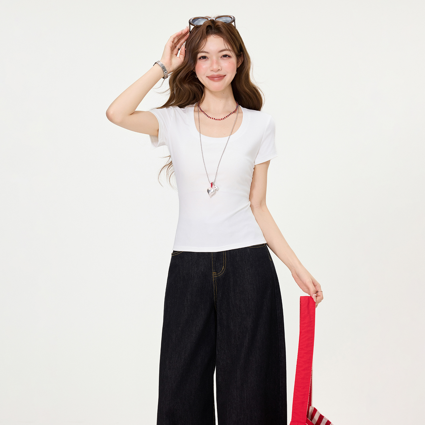 RY2763# 实拍实价韩系简约方领正肩修身短袖T恤夏季新款显瘦百搭上衣女...