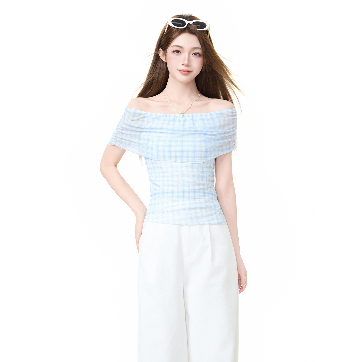 실사 정가 체크무늬 오프숄더 튜브탑 티셔츠 여성 여름 한 부서 몸매 가꾸기 슬림해 보이는 불규칙 디자인 센스 맨위