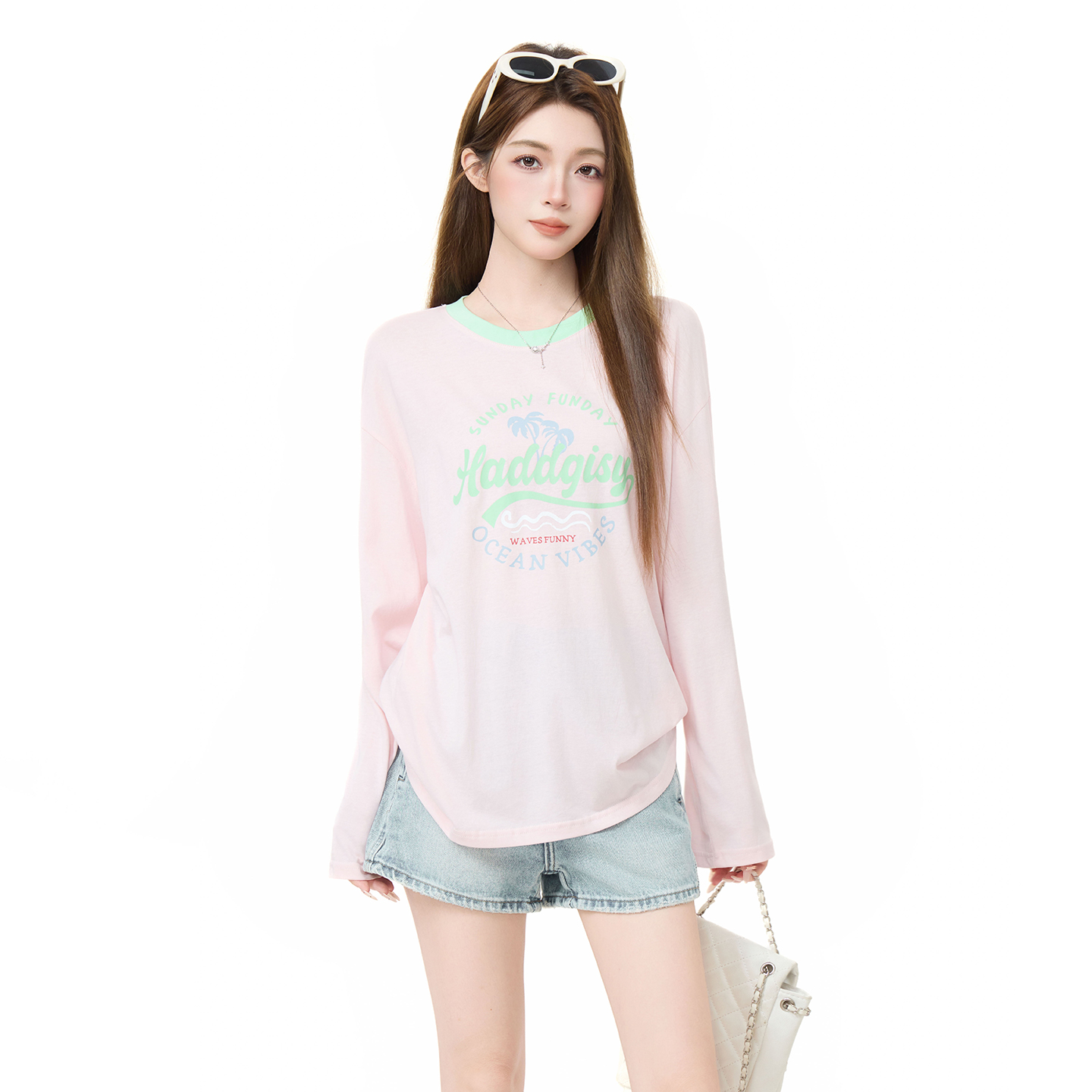 실사 정가 한 부서 핑크색 도파민 얇은 스타일 긴팔 티셔츠 여성 여름 새로운 루즈핏 자외선 차단 블라우스 맨위