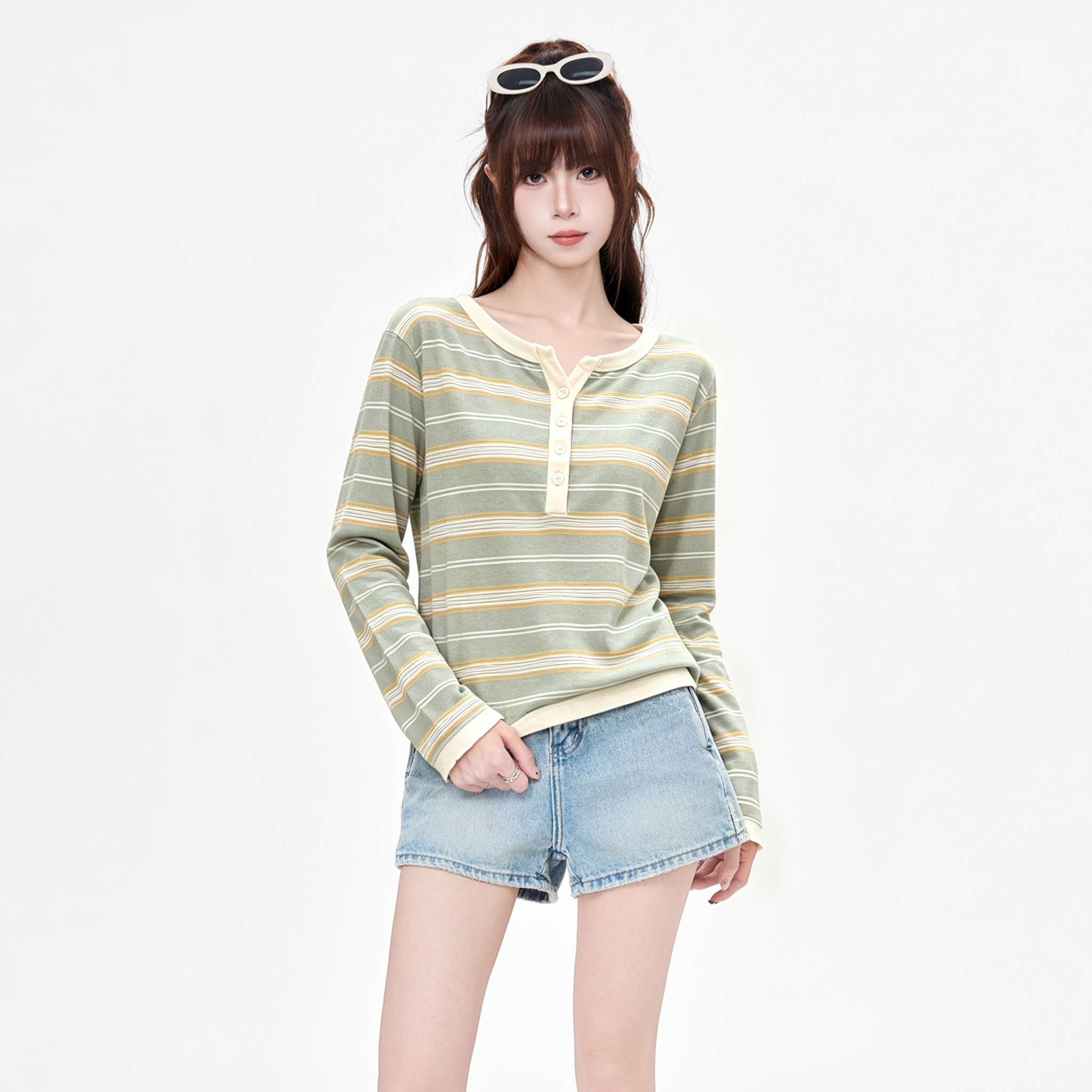 실사 정가 헨리 칼라 배색 스트라이프 패치워크 긴팔 티셔츠 여성 봄 작은 대중 디자인 센스 캐주얼 맨위 트렌디