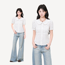 批发实拍实价学院风<b class='q'>娃娃领</b>泡泡袖波点衬衫女夏季甜美木耳花边修身上衣