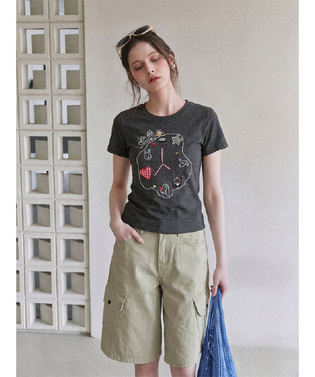 실사 정가 아메리칸 레트로 만화 자수 라운드 넥 긍정적 인 어깨 티셔츠 여성 여름 섹션 몸매 가꾸기 슬림해 보이는 반팔 맨위