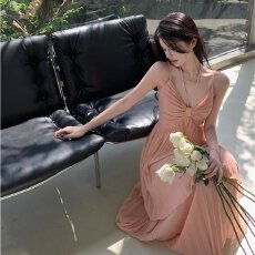 批发纯欲性感法式假两件收腰连衣裙女夏季2026海边度假小个子沙滩长裙