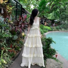 批发仙女荷叶边裙子三亚海边度假<b class='q'>沙滩</b>裙无袖蛋糕<b class='q'>长裙</b>收腰连衣裙夏2026