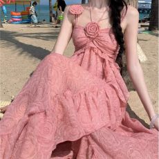 批发【原版面料】性感纯欲挂脖玫瑰吊带连衣裙2026度假风裙不规则<b class='q'>长裙</b>