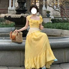 批发【带丝巾】法式黄色小飞袖荷叶边连衣裙子2026夏季过膝公主裙长裙