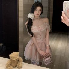 批发2026春夏新款甜美短裙女收腰显瘦设计感小众纯欲少女风粉色<b class='q'>连衣裙</b>