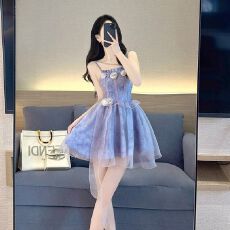 批发在逃公主紫纱玫瑰缎带法式设计感立体花装饰吊带连衣裙礼服短裙女