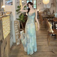 批发法式绝美晕染荡领吊带连衣裙女夏季海边度假风收腰显瘦鱼尾长裙子