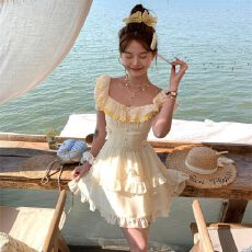 批发Acaine中长款方领小飞袖收腰雪纺短袖<b class='q'>连衣裙</b>女夏季法式复古裙子