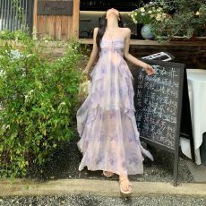 批发<b class='q'>中长款</b>夏季女装花色雪纺连衣裙紫色开衫吊带裙两件套套装度假风