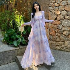 批发中长款<b class='q'>夏季</b>女装花色雪纺连衣裙紫色<b class='q'>开衫</b>吊带裙两件套套装度假风