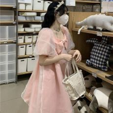 批发2026夏季法式富家千金泡泡袖<b class='q'>网纱</b>蝴蝶结蓬蓬<b class='q'>裙</b>可盐可甜气质连衣<b class='q'>裙</b>