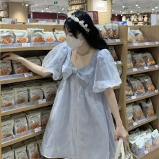 批发超仙方领小个子泡泡袖蓬蓬<b class='q'>裙</b>2026夏甜美小清新<b class='q'>网纱</b>蝴蝶结连衣<b class='q'>裙</b>女