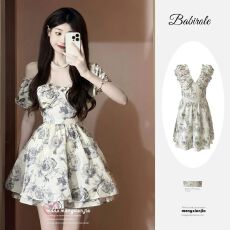 批发法式水墨碎花<b class='q'>连衣裙</b>子女2026夏季高级感仙女<b class='q'>蓬蓬裙</b>收腰小个子短裙