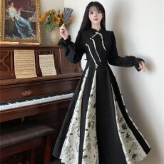 批发新中式2026国风改良旗袍裙子女秋冬复古高级感印花拼接大摆连衣裙