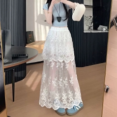 批发夏季薄款纯欲风蕾丝拼接松紧高腰A字中<b class='q'>长款</b>半身裙百搭垂感长裙子