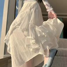 批发不规则蕾丝蛋糕<b class='q'>半身裙</b>女春季松紧高腰显瘦荷叶边a字伞裙百褶长裙