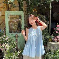 批发法式甜美风蝴蝶结无袖<b class='q'>背心女</b>夏重工网纱拼接减龄娃娃衫减龄小上衣