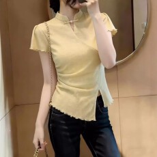 批发新中式风盘扣<b class='q'>立领</b>短袖T恤女夏2026新款大码胖MM掐腰修身正肩上衣