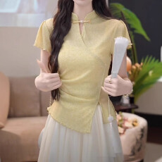 批发大码新中式盘扣<b class='q'>立领</b>短袖上衣女夏季微胖mm收腰遮肉显瘦正肩T恤衫