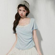 批发<b class='q'>大码</b>胖mm法式超好看收腰假两件短袖上衣女2026浅蓝独特花朵T恤衫