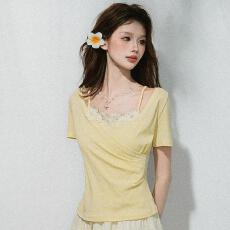 批发<b class='q'>大码</b>胖mm温柔独特花朵假两件吊带小衫女法式收腰显瘦短袖T恤上衣