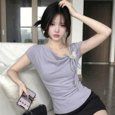 批发<b class='q'>大码</b>胖mm法式荡领立体蝴蝶结短袖T恤女夏季不规则掐腰显瘦小上衣
