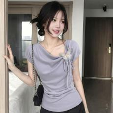 批发<b class='q'>大码</b>胖mm法式荡领立体蝴蝶结短袖T恤女夏紫色不规则设计别致上衣