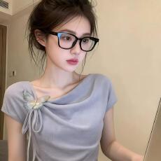 批发<b class='q'>大码</b>胖mm紫色绝美蝴蝶结短袖t恤女夏季薄款设计感修身显瘦上衣