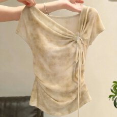 批发设计感蝴蝶系带短袖t恤女夏辣妹风扎染修身褶皱收腰上衣大码胖mm