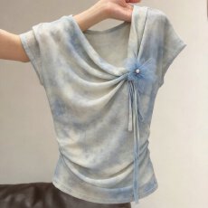 批发大码胖mm杏色扎染蝴蝶系带荡领短袖T恤女夏季纯欲修身显瘦上衣