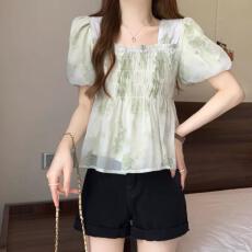 批发粉色泡泡袖方领雪纺短袖<b class='q'>衬衫</b>女夏大码胖mm娃娃衫法式绝美<b class='q'>碎花</b>上衣