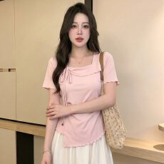 批发方领不规则正肩短袖t恤女夏季大码胖mm遮肉显瘦小众别致掐腰上衣