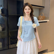 批发大码胖mm法式甜美风方领系带短袖T恤女2026夏季独特绝美小衫上衣