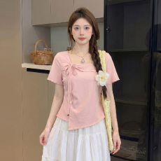 批发大码胖mm法式甜美风方领系带短袖T恤女2026夏季独特绝美小衫上衣