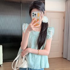 批发微胖mm大码法式小香风果绿色小飞袖上衣女2026年夏季新款雪纺小衫