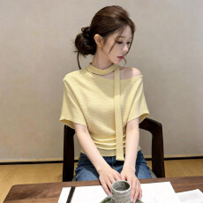 批发设计感斜领系带短袖t恤女夏季大码胖mm时尚露肩收腰修身百搭上衣