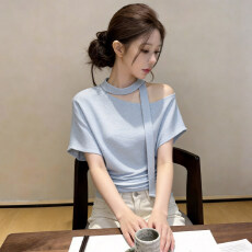 批发大码胖mm法式斜肩系带短袖t恤女夏季露肩体恤独特巨好看漂亮上衣