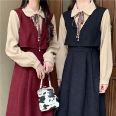 批发【斜纹灯芯绒】2026学院假两件<b class='q'>连衣裙</b>女秋冬拼接收腰设计感中长裙