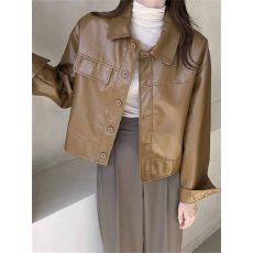 批发欧货棕色<b class='q'>皮衣</b>外套女春秋2025新款复古流行pu皮短夹克高级感小个子