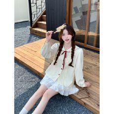批发蝴蝶结刺绣娃娃领<b class='q'>衬衫</b>女装2025秋季新款复古宽松长袖上衣内搭外穿