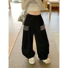 批发实拍立体腰  美式格子拼接口袋卫裤女秋季潮<b class='q'>牌</b>设计感休闲运动裤